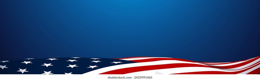 Amerikanische Flagge schwenkt auf blauem Hintergrund. Vektorgrafik