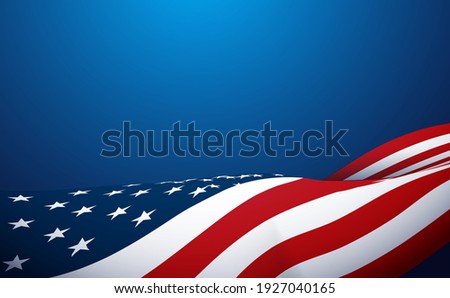 American flag waving on blue background. Vector illustration