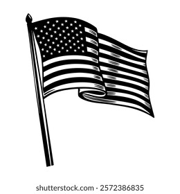 American flag waving on a flagpole. Black and white vintage woodcut illustration. Patriotic and national pride concept for design and print