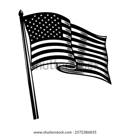 American flag waving on a flagpole. Black and white vintage woodcut illustration. Patriotic and national pride concept for design and print
