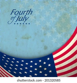 American flag waving on grungy stars decorated blue background for American Independence Day celebrations. 