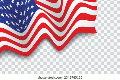 American flag waving on transparent background for celebration of the 4th of July. Vector illustration	