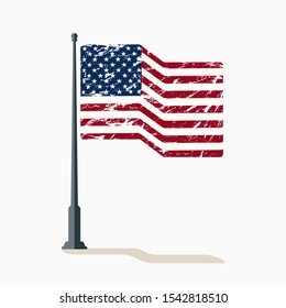 American flag waving with scratches, vector flag of America, USA symbol with shadow, flag of United States of America over light background.