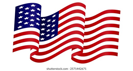 American Flag. Waving United States flag illustration with red and white stripes and blue field with white stars on a white background. Independence Day and patriotic celebration concept. Vector.