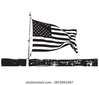 American flag waving in the wind against city skyline. Patriotic USA banner flying high on clear day with urban backdrop.