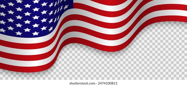 American flag waving in the wind on a transparent background. Banner for Independence Day 4th of July, Memorial, Veterans Day, freedom and democracy celebration.