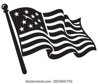 American flag waving in the wind on a pole. Patriotic USA banner fluttering against clear sky background.
