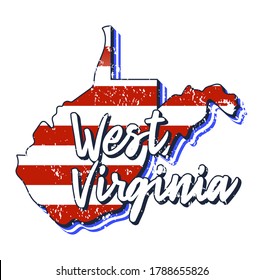 American flag in west virginia state map. Vector grunge style with Typography hand drawn lettering west virginia on map shaped old grunge vintage American national flag isolated on white background