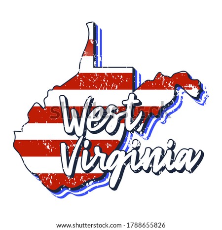 American flag in west virginia state map. Vector grunge style with Typography hand drawn lettering west virginia on map shaped old grunge vintage American national flag isolated on white background