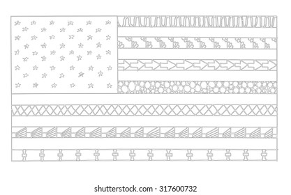 American flag zentangle stylized, vector, illustration, pattern, freehand pencil, hand drawn.