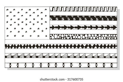 American flag zentangle stylized, vector, illustration, pattern, freehand pencil, hand drawn, lace, background
