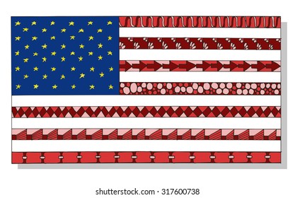 American flag zentangle stylized, vector, illustration, pattern, freehand pencil, hand drawn, lace, background
