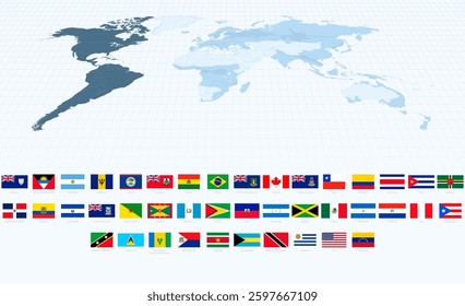 American Flags in Accurate Proportions Alongside a World Map Focusing on America. Vector Collection.