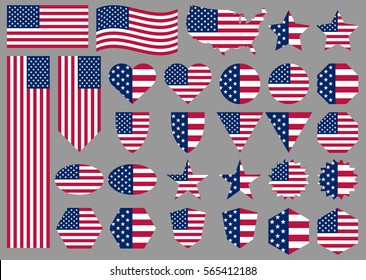 American flags and banners. Big set of different vector illustrations for national holidays: Veterans Day, Independence Day, Memorial Day. Patriotic design of USA flags. Correct proportions and colors