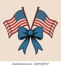 American Flags with Blue Bow Patriotic Illustration