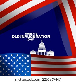 American flags with building and bold text on dark blue background to commemorate Old Inauguration Day on March 4