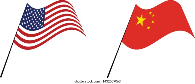 American flags and Chinese flag on a white background