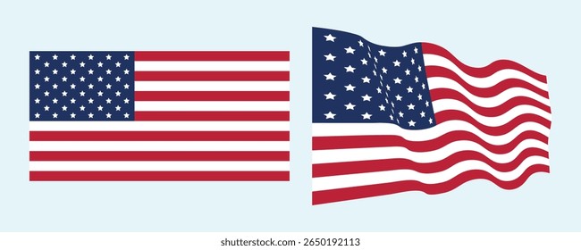 Bandeiras americanas efeito Fluttering no design plano, um estático, um ondulação.