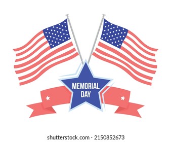 American flags for Memorial day semi flat color vector object. Full sized item on white. Honor to heroes simple cartoon style illustration for web graphic design and animation. Bebas Neue font used