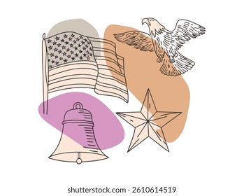 American Flags in a Minimalist Design. Four stylized representations of American flags, rendered in a simple line art design, are arranged in a circle.