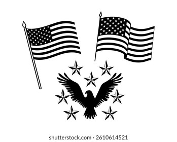 American Flags in a Minimalist Design. Four stylized representations of American flags, rendered in a simple line art design, are arranged in a circle.