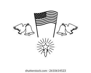 American Flags in a Minimalist Design. Four stylized representations of American flags, rendered in a simple line art design, are arranged in a circle.