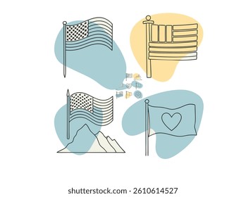 American Flags in a Minimalist Design. Four stylized representations of American flags, rendered in a simple line art design, are arranged in a circle.