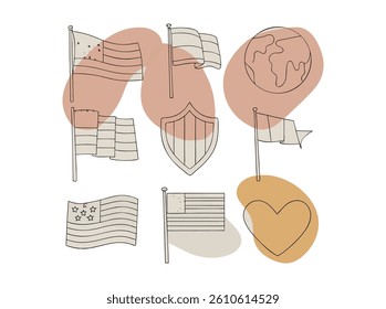 American Flags in a Minimalist Design. Four stylized representations of American flags, rendered in a simple line art design, are arranged in a circle.