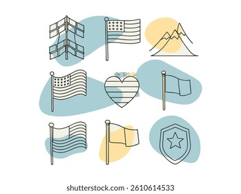 American Flags in a Minimalist Design. Four stylized representations of American flags, rendered in a simple line art design, are arranged in a circle.