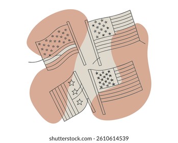 American Flags in a Minimalist Design. Four stylized representations of American flags, rendered in a simple line art design, are arranged in a circle.