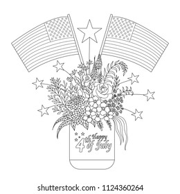 American flags on flowers and decorations on a mason jar for design element and coloring book page. Vector illustration