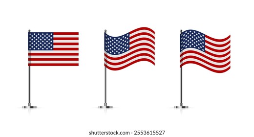 American flags on metal sticks. Mini flags of United States of America on silver poles. Flagpoles on steel vertical stands, isolated desktop flagstaffs. 3D realistic vector illustration set.