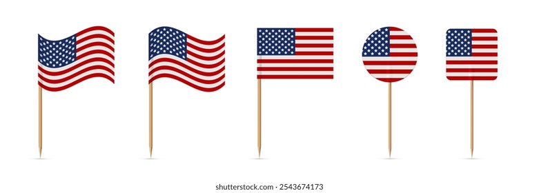 Bandeiras americanas em palitos de dente. Papel mini bandeiras dos Estados Unidos da América em varas de madeira. Flagelos isolados em suportes verticais de madeira. Ilustração vetorial realista 3D definida para decoração de alimentos.