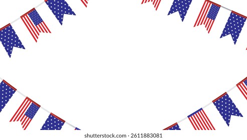 american flags in ropes decoration with white stars in blue, red and white flags lines template for banners and backgrounds