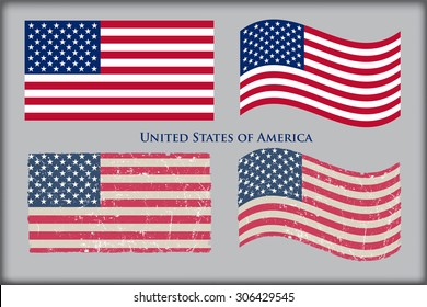 American flags set.USA official,grunge und waving flags.Vector illustration.