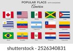 American flags with shadows. Rectangle america flags flat icons. Mexico, Ecuador, Peru, Brazil