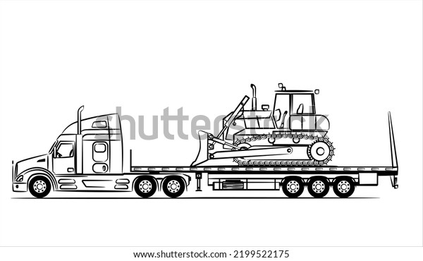 American\
Flatbed trailer truck abstract silhouette on white background. A\
hand drawn of a truck car. Trailer with axle extendable trailer\
rigged. Low Bed Trailer Truck with\
bulldozer