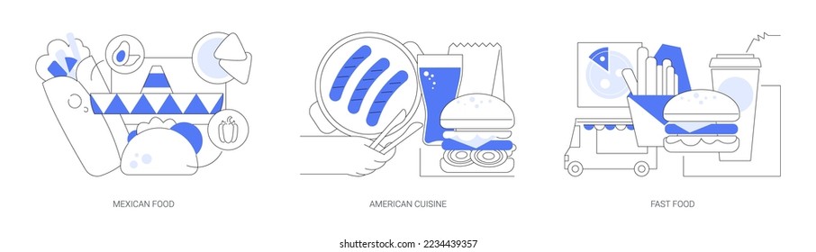 American food abstract concept vector illustration set. Mexican and american cuisine, fast food, burrito recipe, barbecue dish, homemade grill, burger and pizza, snack menu abstract metaphor.