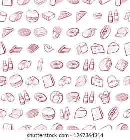 American food, Bakery products, Cheeses and Japanese food set. Background for printing, design, web. Usable as icons. Seamless. Color.