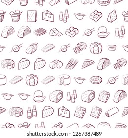 American food, Bakery products, Cheeses and Japanese food set. Background for printing, design, web. Usable as icons. Seamless. Color.