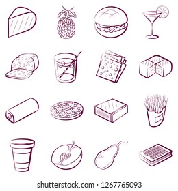 American food, Bakery products, Cheeses, Drinks and Fruits set. Background for printing, design, web. Usable as icons. Color.