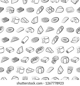 American food, Bakery products and Cheeses set. Background for printing, design, web. Usable as icons. Seamless. Monochrome binary, black and white.