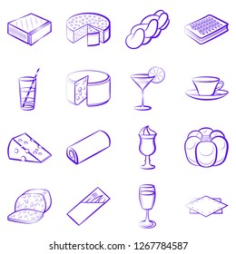 American food, Bakery products, Cheeses, Drinks and Table setting set. Background for printing, design, web. Usable as icons. Color.