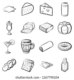 American food, Bakery products, Cheeses, Drinks and Table setting set. Background for printing, design, web. Usable as icons. Monochrome binary, black and white.