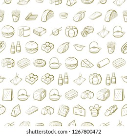 American food, Bakery products, Cheeses and Japanese food set. Background for printing, design, web. Usable as icons. Seamless. Color.