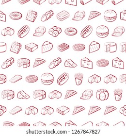 American food, Bakery products and Cheeses set. Background for printing, design, web. Usable as icons. Seamless. Color.