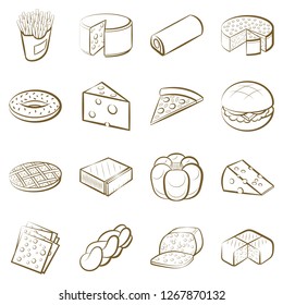 American food, Bakery products and Cheeses set. Background for printing, design, web. Usable as icons. Color.