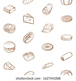 American food, Bakery products, Cheeses and Snacks set. Background for printing, design, web. Usable as icons. Seamless. Binary color.