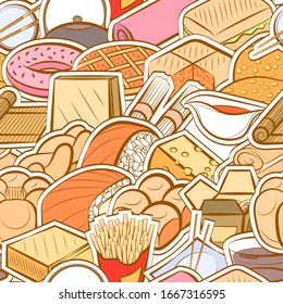 American food, Bakery products, Cheeses and Japanese food pattern. Background for printing, design, web. Seamless. Colored.