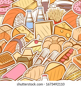 American food, Bakery products, Cheeses and Japanese food pattern. Background for printing, design, web. Seamless. Colored.